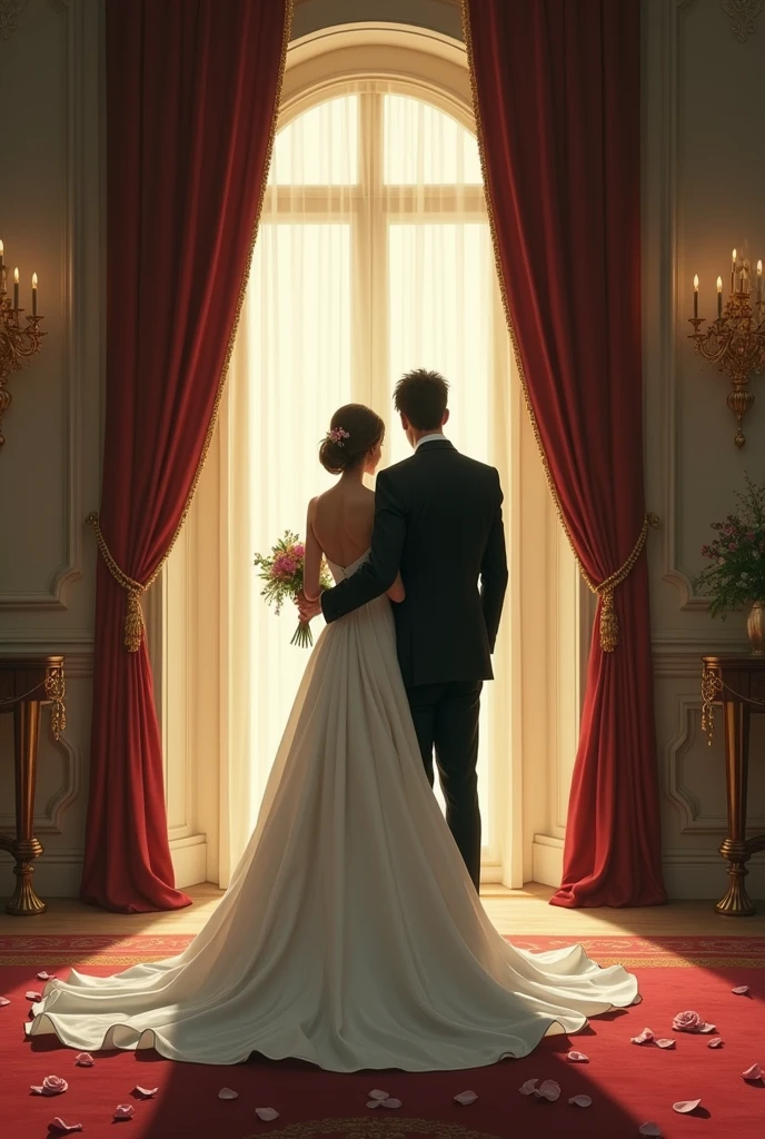 Create an image depicting couple standing apart, facing away from each other. Let them face each other. They are dressed in their wedding outfits; a wedding gown and a bouquet for the woman, and a tuxedo for the man. The background should suggest a luxurious but cold environment, symbolizing their external wealth but internal struggles. Use a hint of warm light to show the potential for love.