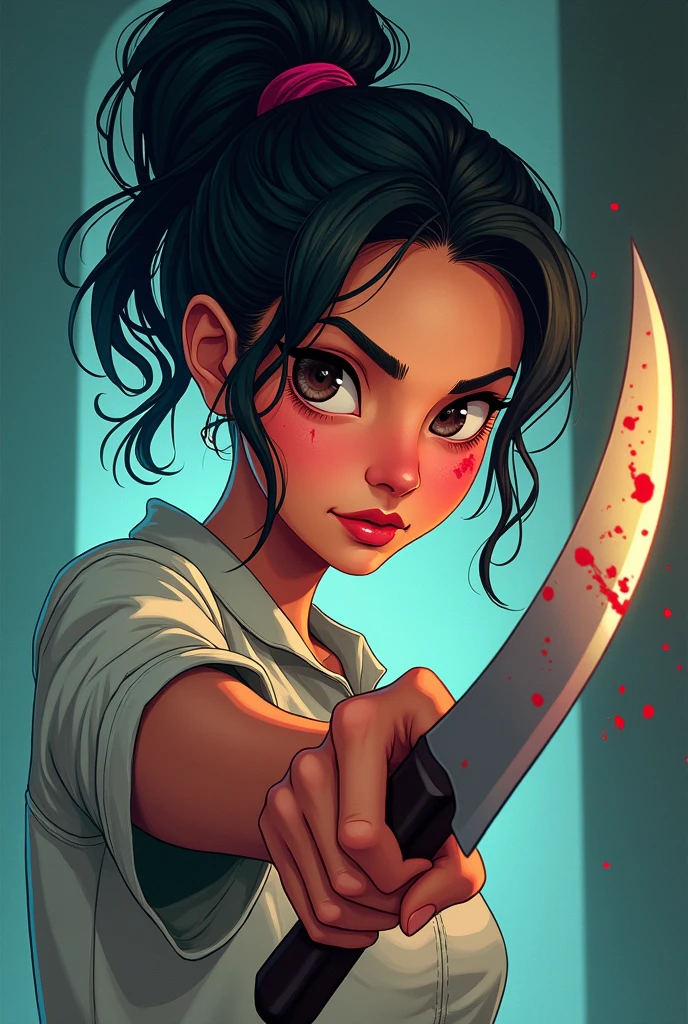 A woman with her hair tied up holds a knife with a little blood on her face in a cartoon style.