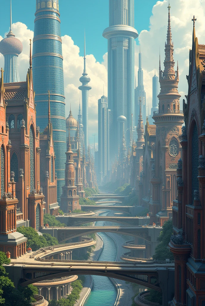 Illustrate a futuristic cityscape where the architecture blends elements from different eras, creating a visual representation of déjà vu through historical and modern architectural styles merging seamlessly."