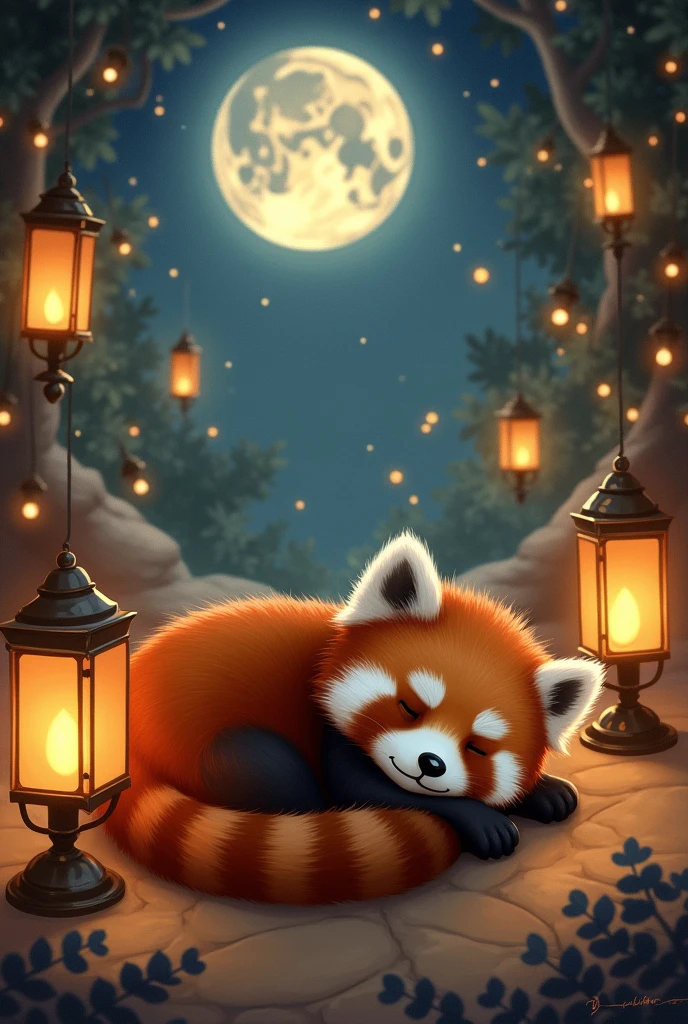 A little red panda sleeping with a fantasy feel。Sleeping on one's side。Soft Touch。There are lots of lamps and a warm atmosphere.。A big moon with lots of stars around。Fantastic atmosphere。