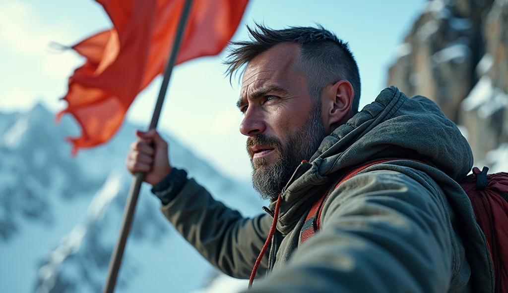 Create a realistic image where : A close-up of the man’s determined face as they reach out to grasp a flag at the mountain's peak, symbolizing victory and the worth of their struggle.