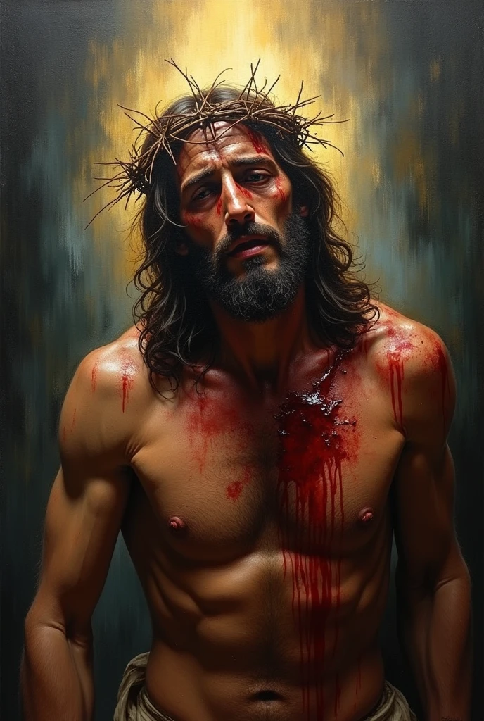 Oil painting, cobtrast, Impresionism, jesus christ, backlight, charisma, crown of thorns, Sick, depend on the father, whipped, bloody