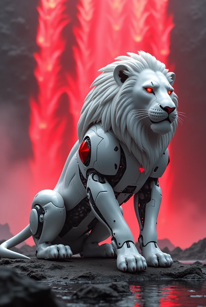 White lion with robotic structure and red eyes and red dimond in siting near the waterfall colour is a red more big and denger waterfall lion 8s more dengerous more dengerous