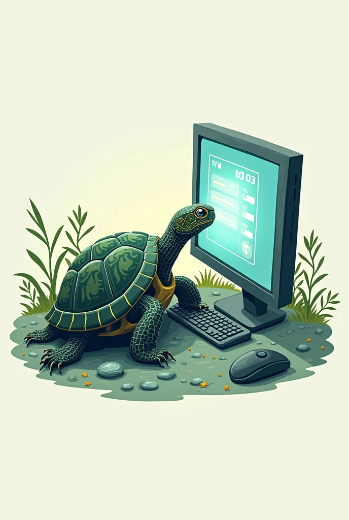 generate a logo without a background where inside it there is a turtle looking for contamination on a computer