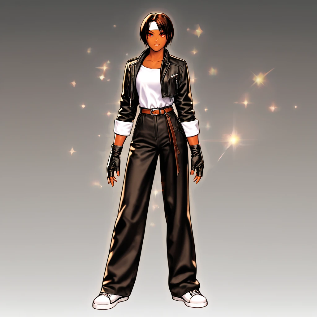 A masterpiece! A single, female figure with dark skin and striking red eyes. She wears a black jacket with rolled-up arms, fingerless gloves, and a crisp white T-shirt. Her hair is short and stylishly messy. A white headband adds a touch of whimsy to her look. Black pants and white shoes complete the outfit, cinched at the waist by a brown belt. As she eats and drinks with friends in a cozy restaurant setting, her confident gaze radiates charm. The high-quality lighting casts a warm glow on her fine features, fine grain texture of her skin, and the surprise-filled sparkle in her eyes.