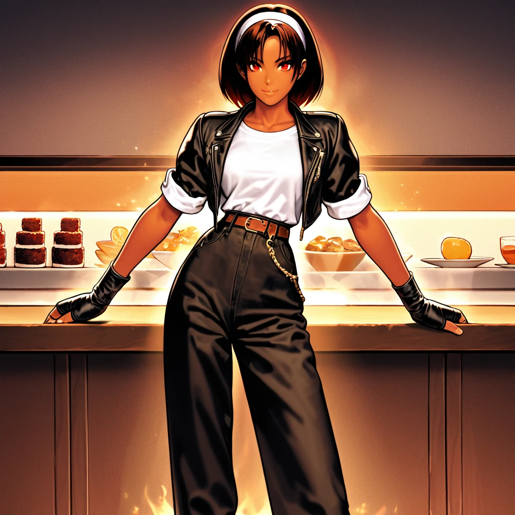 A masterpiece! A single, female figure with dark skin and striking red eyes. She wears a black jacket with rolled-up arms, fingerless gloves, and a crisp white T-shirt. Her hair is short and stylishly messy. A white headband adds a touch of whimsy to her look. Black pants and white shoes complete the outfit, cinched at the waist by a brown belt. As she eats and drinks with friends in a cozy restaurant setting, her confident gaze radiates charm. The high-quality lighting casts a warm glow on her fine features, fine grain texture of her skin, and the surprise-filled sparkle in her eyes.