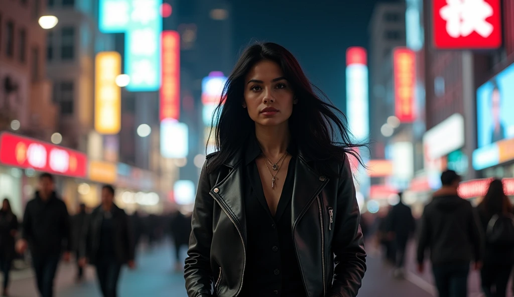(masterpiece, best quality:1.2), (busy downtown street at night, illuminated by vibrant neon lights and bright city advertisements:1.4), (determined woman walking confidently, sharp focus:1.3), (black hair, straight, slightly swaying:1.3), (stylish yet practical clothing:1.3), (leather jacket, boots:1.4), (focused, unwavering expression:1.4), (crowded street, blurred people, background noise and distractions:1.3), (clear, straight path ahead:1.3), (slightly low-angle shot, emphasizing power and resolution:1.3), (8K, ultra-detailed, hyper-detailed, RAW photo quality, Unreal Engine rendering:1.3)