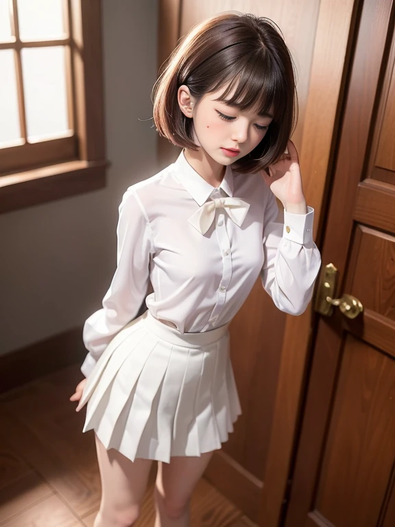 (masterpiece、Highest quality:1.7)、(:1.5)、(Above the knee shot:1.5)、Short Bob Cut、Black Hair、85mm、16K、Official Art、RAW Photos、Best Beautiful Faces、Close-up、Violet、Gardenia、((The best beautiful girl、very cute))、Red blush on cheeks、indoor、(Are standing:1.8)、Film Grain、Chromatic Aberration、Sharp Focus、(((Nice hands、Perfect hands、Perfect Fingers、Thin and delicate fingers、A perfect body without flaws)))、Detailed face、(Slender body:1.5)、(Slender body:1.4)、(Small breasts:1.9)、(Let your bangs hang down:1.8)、(Blushing:1.8)、(Low contrast lighting:1.2)、(White tight business blouse with collar:1.5)、(White bow tie blouse:1.5)、(Long sleeve: 1.5)、(A very short white pleated mini skirt:1.5)、(Eyes closed:1.5)、(Holding his chest with his palm:1.5),back shot,(leaning forward:1.1)
