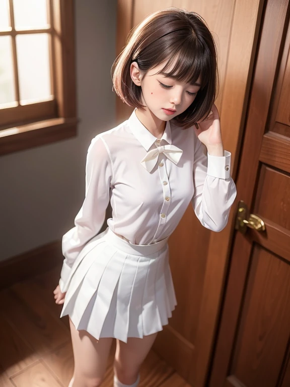 ffinely detail, hight resolution, hightquality、Perfect dynamic composition, Beautiful detailed eyes, bob cut, 、glossy crimson lip,Kamimei、in room、13 years girl、1 persons、Transparent skin、masutepiece, Best Quality, Illustration, Ultra-detailed, finely detail, hight resolution, 16K、The correct state of the human body、white business collared blouse,white bowtie,white pleated miniskirt,very red blush,shot above the knee,looking up,standing,narrow eyes,open mouth,sad expression,small breasts,the skirt is riding up,photo from below.lots of cum on thighs