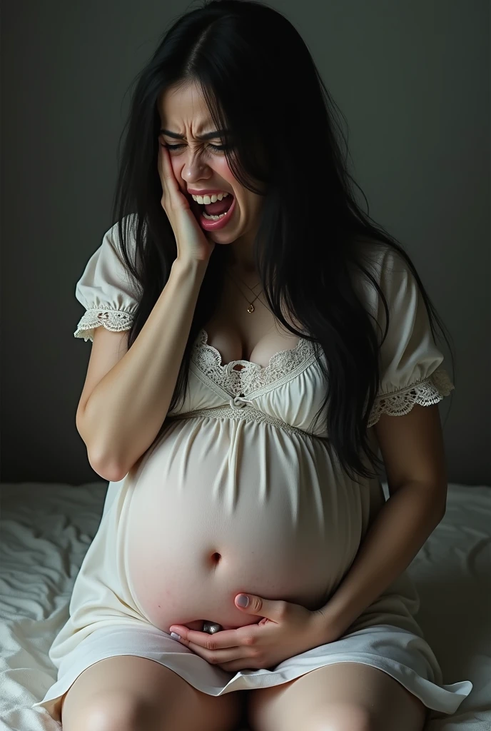 anime, Young woman, hyperrealism, Pregnant, painшой живот, pain, White dress, lace, Collar, clenched teeth, Sub, is sitting, move your legs, one hand at the mouth, vomit, Long black hair