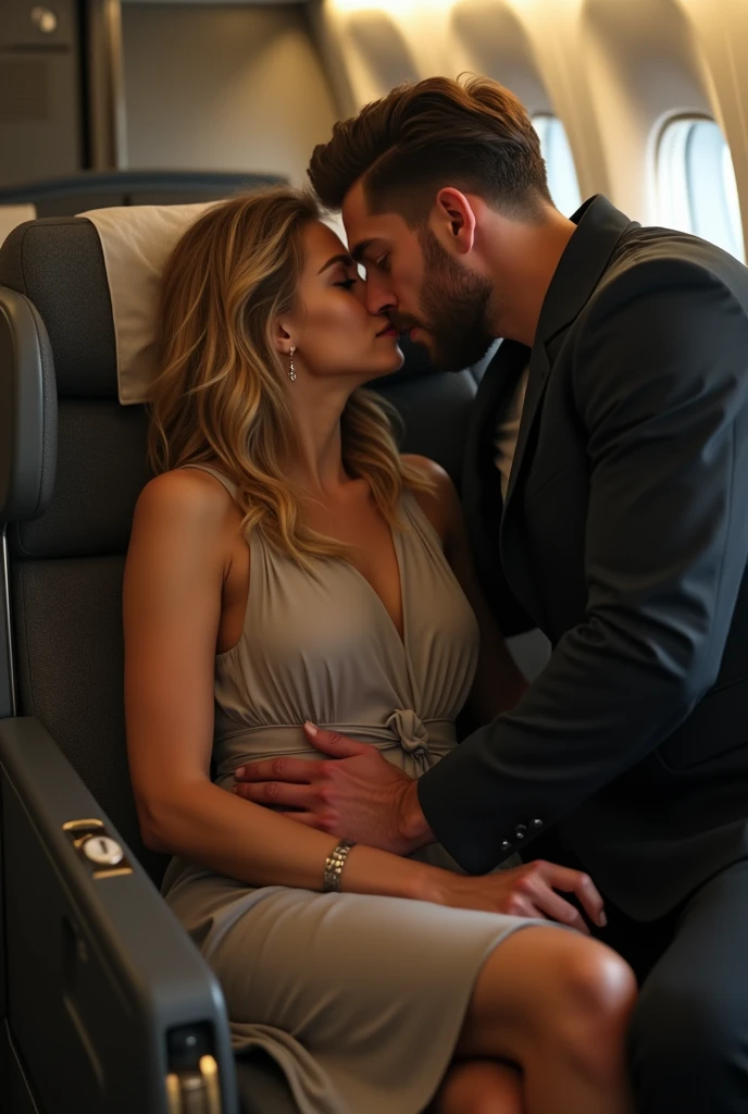 Cinematic action scene for romantic modern novel where MALEFICENT DANICA an elegant woman in her 30s, sitting comfortably in a business class airplane seat. She has a relaxed demeanor, dressed in a stylish and elegant light casual dress for travel. Her blonde or light brown hair is (((loose))) and styled. She wears minimal, sophisticated jewelry and has a natural makeup look that enhances her features. PEYGAN SINCLAIR grabs her to him and dip kisses with all his passion. PEYGAN SINCLAIR, a handsome man in his early 30s. He has a well-styled haircut featuring a classic look. His hair is medium-length with a slight wave, adding volume and texture, while the sides and back appear shorter and neatly trimmed. The hairstyle is likely achieved with a side part, giving it a clean, refined appearance. His beard and mustache that complements his strong jawline. His skin tone is fair, and his features are sharp and defined. He dressed in casual outfit. Around them, the business class cabin features plush seating, ample legroom, and small details like a folded blanket, a pillow, and a glass of water on the side table. The atmosphere is one of comfort and luxury, typical of a premium airline experience. Cinematic action scene, highly detailed, Medium Close-up Shot, Shoulder Level Shot, 4K, highly detailed, epic scene, dynamic scene. The lighting in the scene creates a soft outline and adding drama and depth to the image.