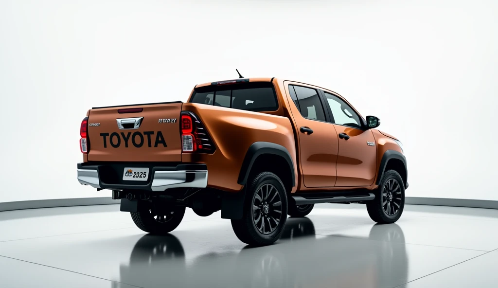 2025 Toyota hilux brown colour side view flat number per Toyota likha hua ho to highlights showroom ke background white showroom per gadi ka naam aur model 2025 likha hua ho