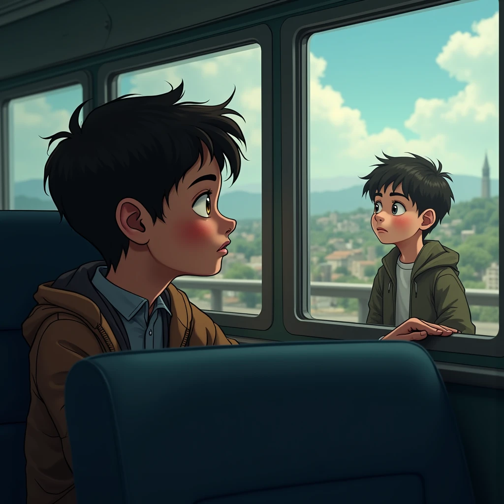 1 teenager on a bus looking at a boy through the bus window