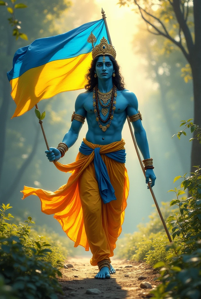 Krishna blue skin walking in his hand yellow and blue colour flag Ukrain