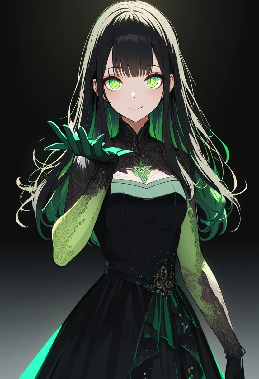 anime, masterpiece, ultra HD, detailed skin, detailed pupils, detailed hair, hand correct, anatomy correct, solo, 1girl, standing pose, black hair, long hair, green eyes, female focus, from front view, semi above view, black background, smile, expressive, beautiful eyes, wear formal dress, use gloves, (anatomy correct), (hand correct), (detailed eyes), (detailed skin)