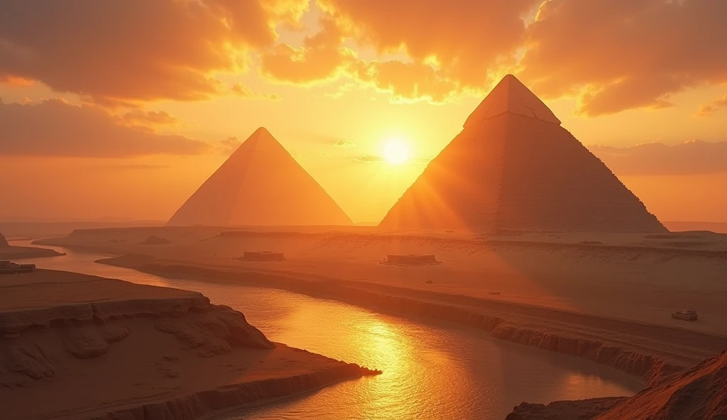 Une vue panoramique de l'Égypte antique, avec le soleil levant illuminant les pyramides majestueuses et le Nil serpentant en arrière-plan. Le ciel est parsemé de couleurs chaudes de l'aube, symbolisant le début d'une nouvelle ère sous le règne d'Horus. Les pyramides, baignées dans la lumière dorée du matin, apparaissent grandioses, tandis que les eaux du Nil scintillent sous les premiers rayons du soleil. L'atmosphère est empreinte d'une aura de mystère et de renouveau, capturant l'essence du commencement d'une ère divine.