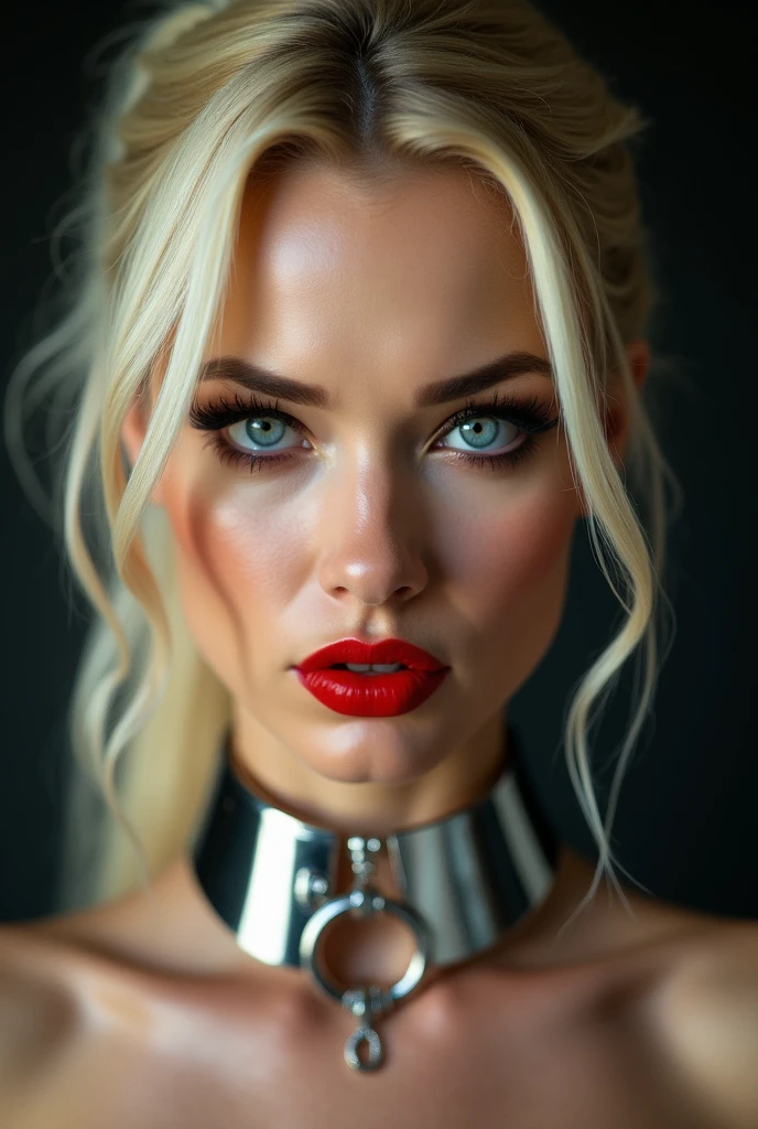 best quality, 8K, HD, beautiful blonde Caucasian woman, looking very a arrogant enraged down to the camera, heavily made-up eyes, heavily made-up cheeks, shiny red lips, super blonde hair, ponytail hairstyle, shiny silver steel collar with o-ring on the front side, 