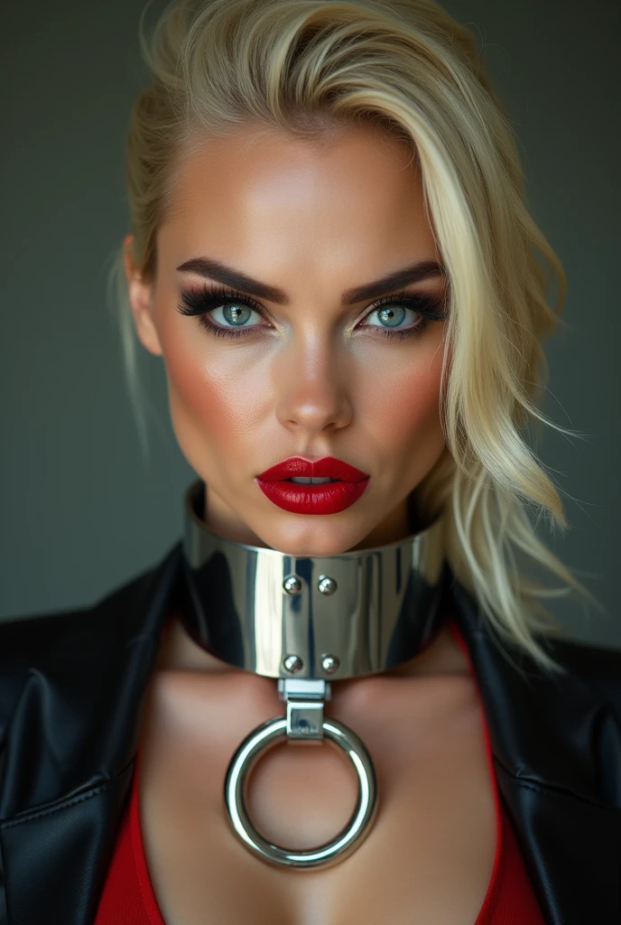 best quality, 8K, HD, beautiful blonde Caucasian woman, looking very a arrogant enraged down to the camera, heavily made-up eyes, heavily made-up cheeks, shiny red lips, super blonde hair, ponytail hairstyle, shiny silver steel collar with o-ring on the front side,