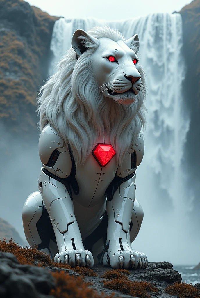 White lion with robotic structure and red eyes and red dimond in siting near the waterfall colour is a red more big and denger waterfall lion 8s more dengerous more dengerous more dengerous 