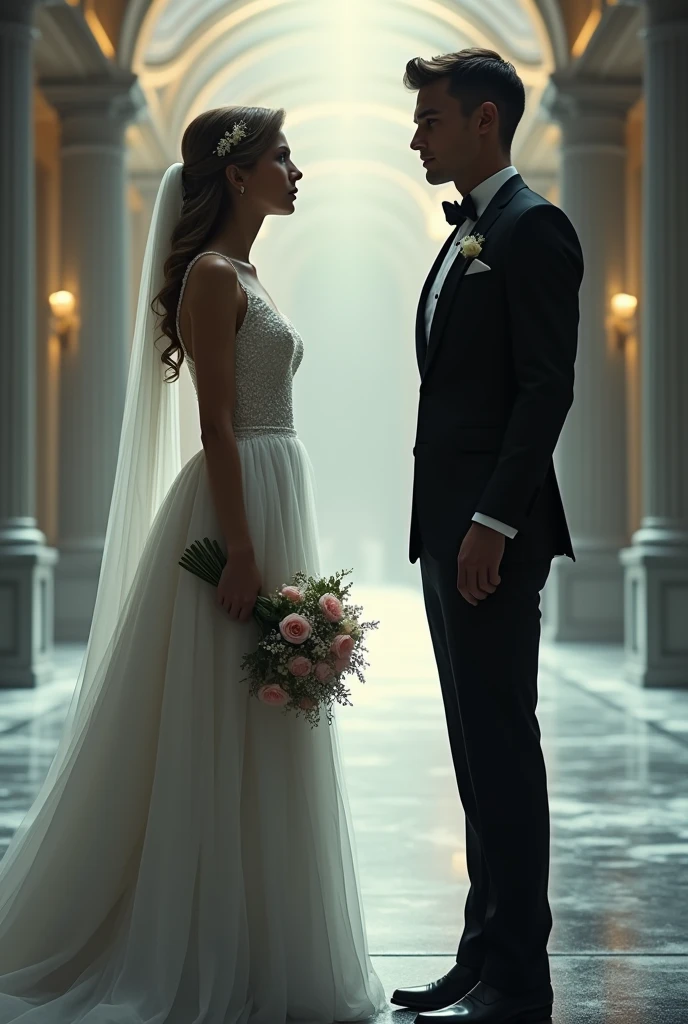 Create an image depicting couple standing apart, facing each other. Let them face each other. They are dressed in their wedding outfits; a wedding gown and a bouquet for the woman, and a tuxedo for the man. The background should suggest a luxurious but cold environment, symbolizing their external wealth but internal struggles. Use a hint of warm light to show the potential for love.