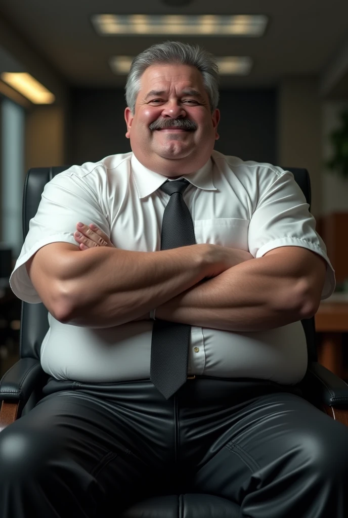 Hyper-realistic very attractive mature muscular handsome hunk white man, chubby, fat, chunky, beefy, gentle and malicious smirk, thick legs, huge calves, sitting, full body, crossed arms, arms crossed, at office, grey very short hair, well designed grey mustache, hyper-detailed background, cinematic, uhd, 8k, high resolution, perfect result, best quality, detailed work, wearing a black leather pants, a white shirt, a tie