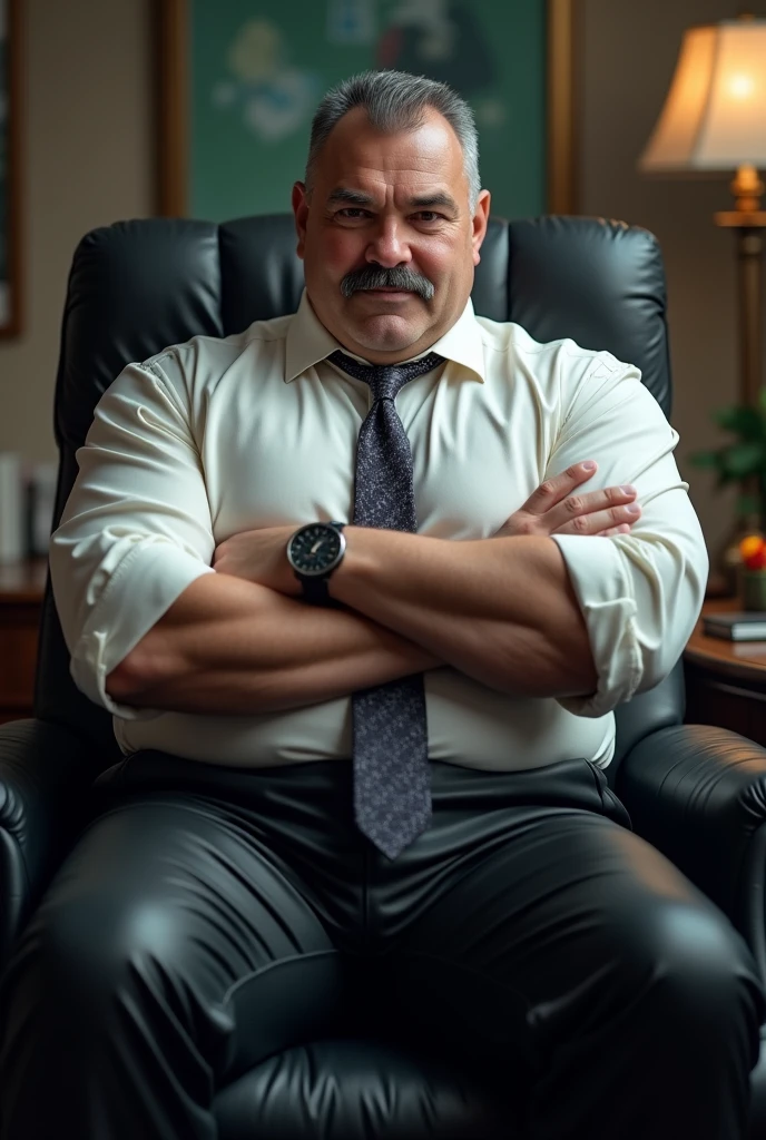 Hyper-realistic very attractive mature muscular handsome hunk white man, chubby, fat, chunky, beefy, gentle and malicious smirk, thick legs, huge calves, sitting, full body, crossed arms, arms crossed, at office, grey very short hair, well designed grey mustache, hyper-detailed background, cinematic, uhd, 8k, high resolution, perfect result, best quality, detailed work, wearing a black leather pants, a white shirt, a tie