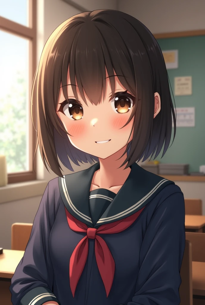 Highest quality, Face Focus, Soft Light, Ultra-high resolution, (Realistic:1.4), RAW Photos, 1 Japanese girl, alone, cute, (A shy smile:0.5), (Brown eyes, Light in your eyes), Beautiful face in every detail, (Small box),(High resolution detail of human skin texture), (Short Bob Hair), break, In the classroom,Navy uniform, Best, skirt