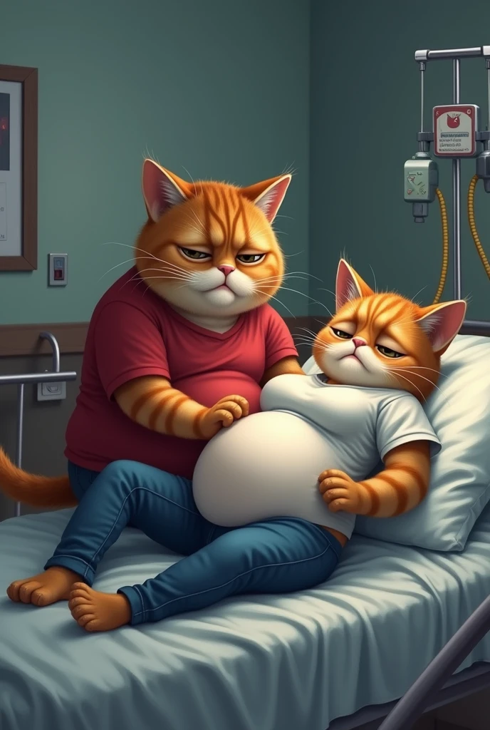 The realistic chubby husband cat in a red t-shirt and blue jeans, sitting on bed  same wife cat bed pillow near his orange realistic pregnant wife who is lying on a hospital bed and crying tears seen visible, still wearing her white t-shirt and blue jeans.Setting: A hospital room, with medical equipment around the bed. The husband cat is crying, visibly worried, as he looks at his wife who is in distress.Mood: Emotional and somber, with a heavy sense of concern and fear.