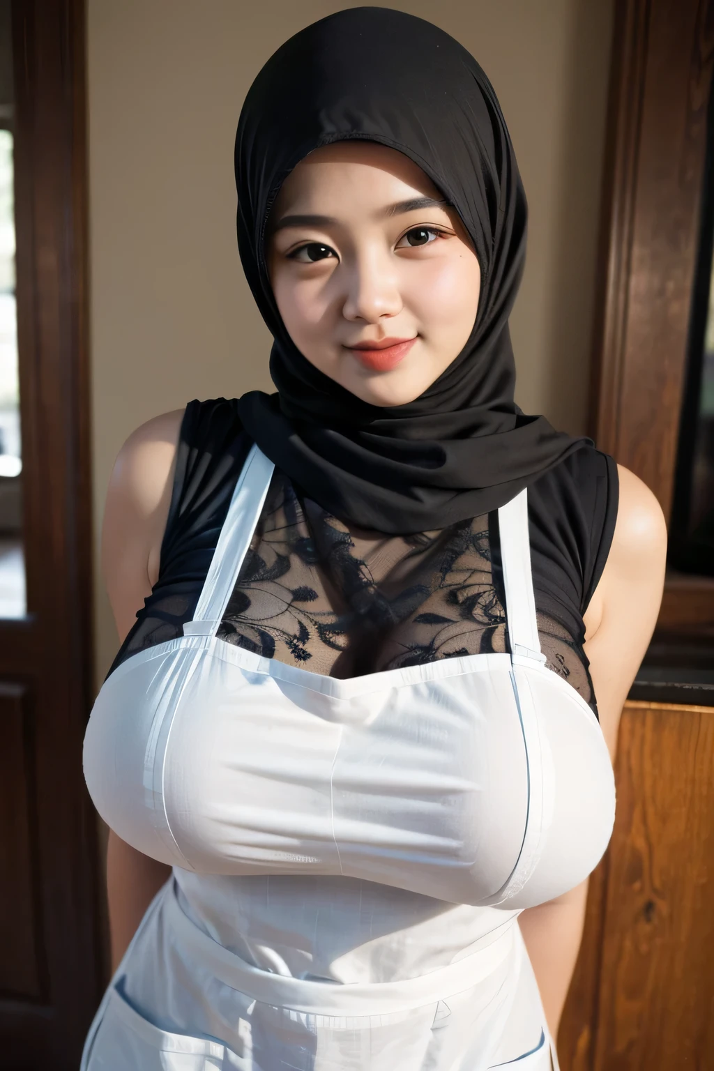 adorable, 1 girl, (face to face), , , happy, medium portrait, (face details: 1), (eye details:1), ((naked big breasts)). wearing ((mini apron)) Cute posed. proportional body. Ultra High Res. realistic: 1.4, UHD, poke ((HIJAB STYLISH style)) , lace (Gigantic:1.999)