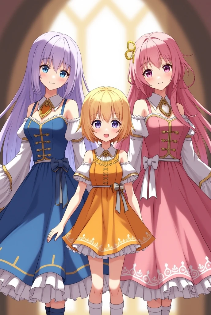 3 beautiful young girls the first girl with long lavender hair with bangs with light blue eyes in a gorgeous blue and white dress with detailed sleeves showing shoulder and short socks up to the ankles. The second girl with short sun yellow hair with bangs and a yellow and orange dress with a big gold necklace is the happiest and the third has long hair( Wavy) with strawberry pink hair with dull pink eyes in a bright and light pink dress with white with a bow at the waist long socks ( They are all )They all have the same height, medieval anime era ( the dresses are like the gemshin impact game) In the picture they have to come out whole from head to toe. They are still in the photo dressed in different clothes.