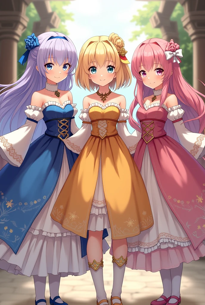 3 beautiful young girls the first girl with long lavender hair with bangs with light blue eyes in a gorgeous blue and white dress with detailed sleeves showing shoulder and short socks up to the ankles. The second girl with short sun yellow hair with bangs and a yellow and orange dress with a big gold necklace is the happiest and the third has long hair( Wavy) with strawberry pink hair with dull pink eyes in a bright and light pink dress with white with a bow at the waist long socks ( They are all )They all have the same height, medieval anime era ( the dresses are like the gemshin impact game) In the picture they have to come out whole from head to toe. They are still in the photo dressed in different clothes.