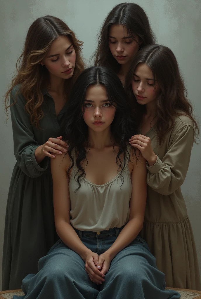 Make a person sad and with bad thoughts, But her three friends are behind her to make her feel better.