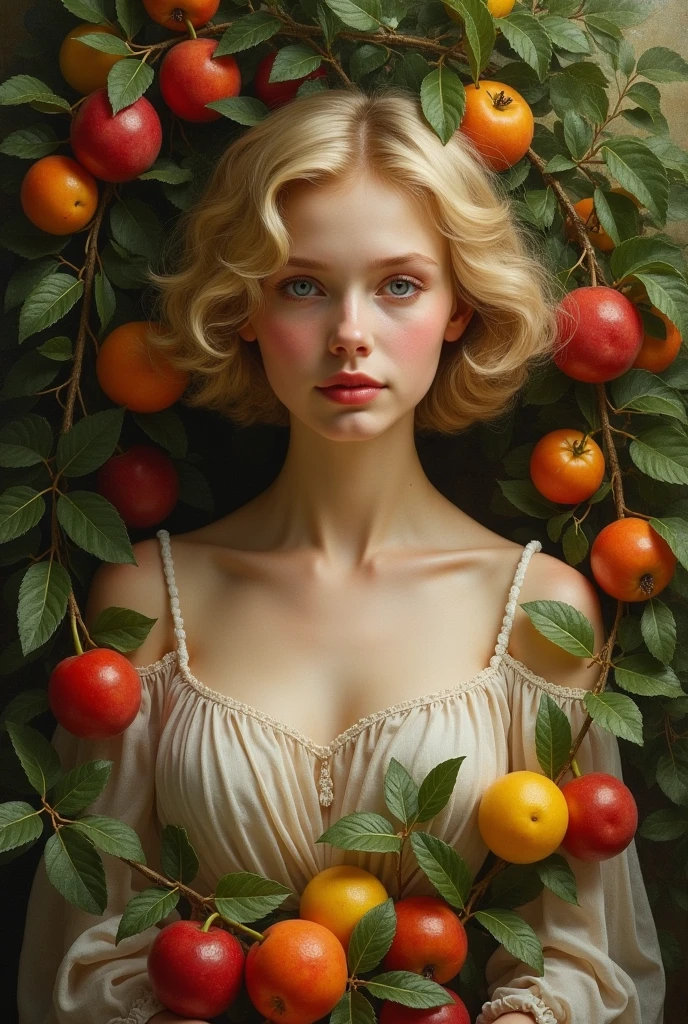 (Photorealism:1.2), young woman, blonde short hair, surrounded with fruits, Renaissance  Kunst Stil, look like the birth of Venus, painting, covered with fruits 