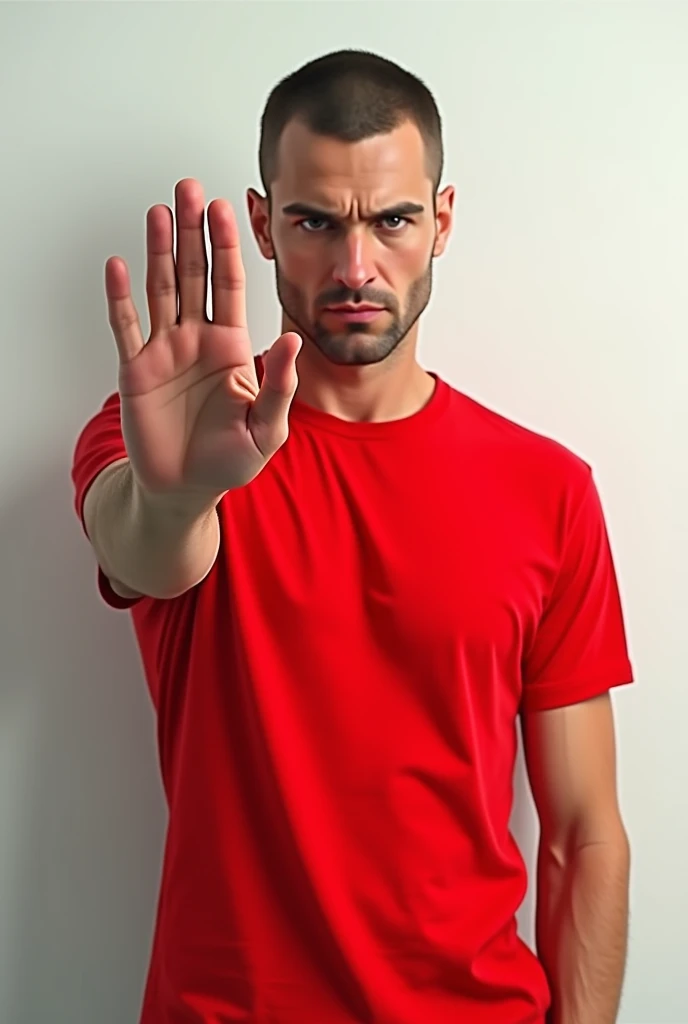 Clean shaved male makes shush gesture, demnads shut up, wears casual bright red t-shirt, poses against white wall. People, hush, conspiracy, secret concept