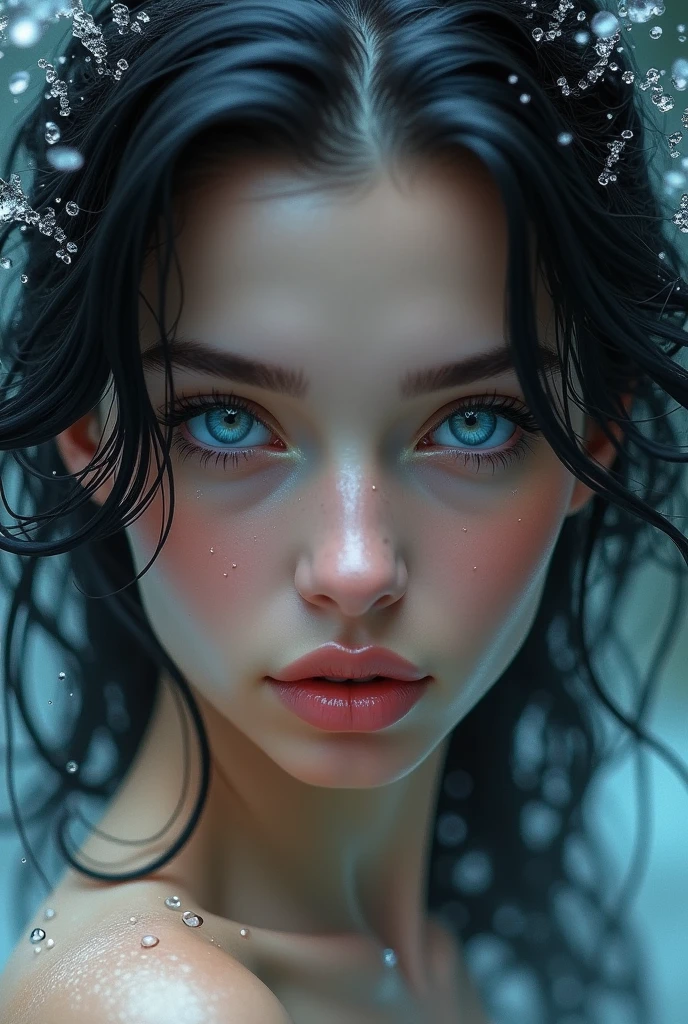 A close-up of an extremely beautiful woman, with extremely blue and bright irises, surrounded by splashing water that reflects and refracts light. Her jet black hair falls elegantly around her face.. She has a small and delicate nose., and full pink lips that add a touch of sensuality to her expression. The look is captivating and deep, full of mystery and charm. Water drops create a dynamic and magical effect, while the background is soft and out of focus to focus attention on her stunning beauty.