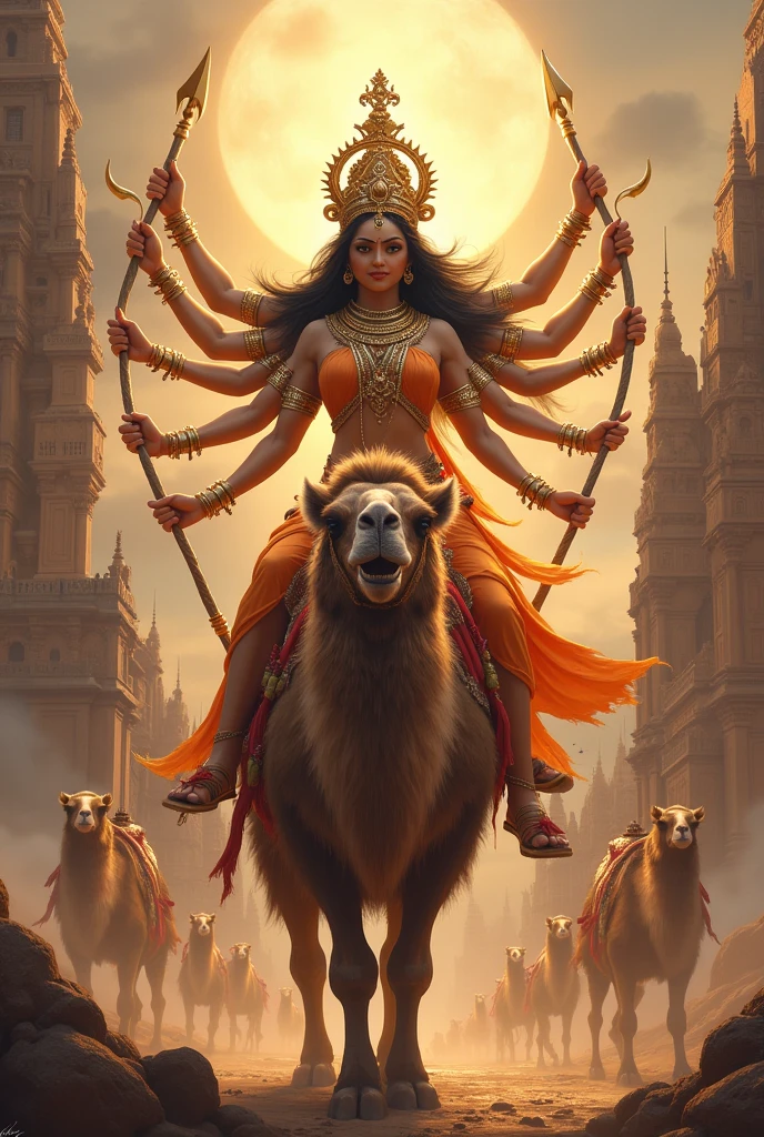 Hindu God Maa durga setting camel and temples Beautiful Background lighting