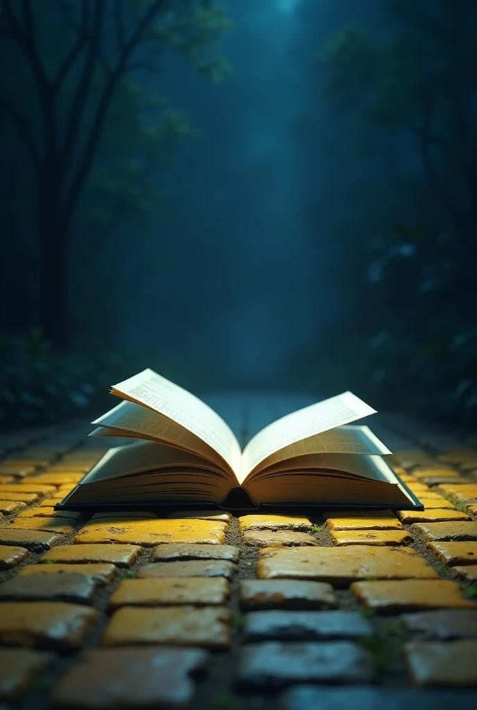 an open book on top of a yellow brick road on a dark blue night without much information on the side