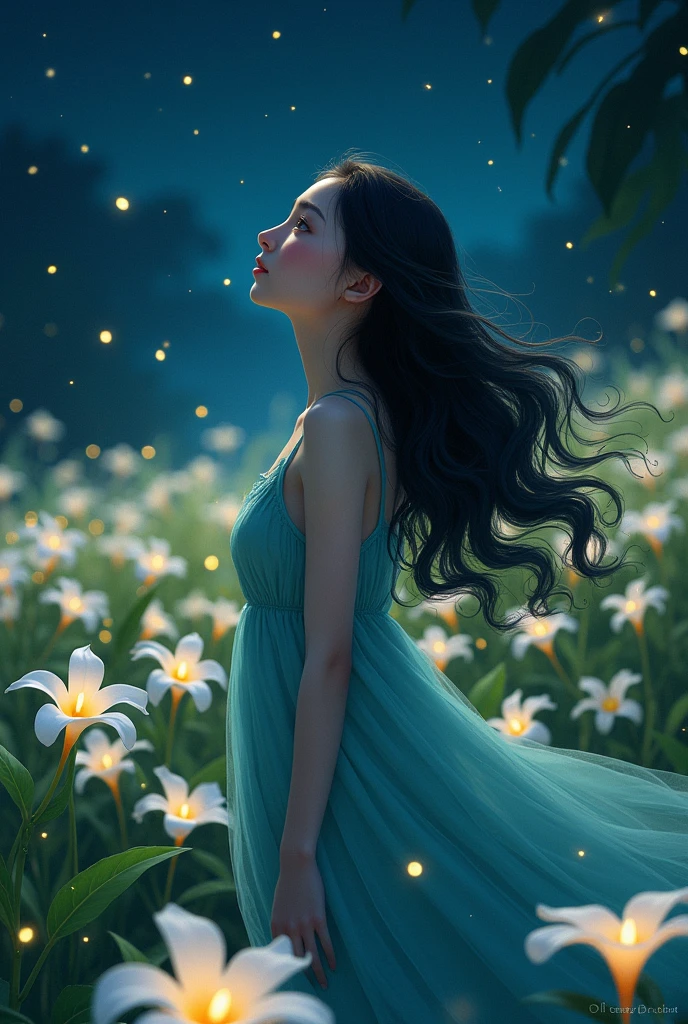 A girl with long wavy black hair wearing, a blue green dress looking up around the plantation of white plumeria flower at night time with fireflies