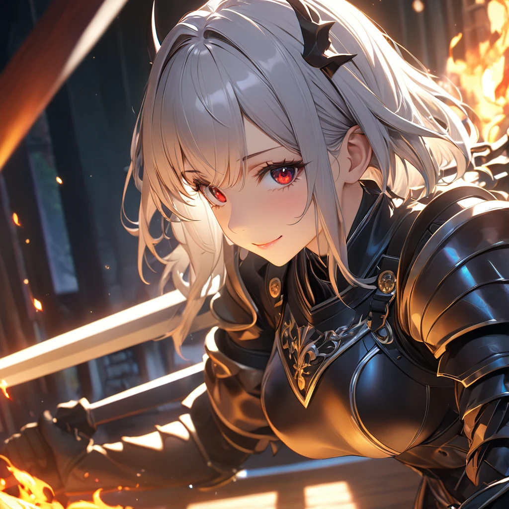 最high quality, wonderful_delicate, wonderful delicate eyes, Super detailed, beautiful, 8k , One girl, Red eyes, evil, Facial Contour,(Absurd, High resolution, Super detailed), masterpiece, The perfect solution, wonderfulディテール, Super Detailed, Cinema Lighting, Ray Tracing, Depth of written boundary, Cinema Lighting, Ray Tracing, 超High resolution, Attention to detail, 最high quality, High resolution, high quality, Awards, Super Detail, masterpiece, 8k, 超High resolution, Attention to detail, 最high quality, High resolution, high quality, Awards, Super Detail, masterpiece, 8k, Digital Art, Anime Coloring,(Official Art、最high quality、unity 8k wallpaper、32K、masterpiece、Very detailedな、超High resolution、Realistic、Photorealistic:1.2)、(Cinema Lighting:1.2)、Fire glow effect、Film Grain、Best Shadow、Rim Light、Side light、(Very detailedで複雑な3Dレンダリング)、((Swiss countryside village、とてもbeautiful背景))、細部までbeautiful顔と目、(Beautiful and sharp eyes)、masterpiece, High resolution、最high quality, ultra High resolution, Maximum resolution, Very detailed, Professional Lighting, beautiful肌, 2. Women、Silver Hair、Hololive、Shirogane Noel、knight、armor、Warrior、smile、((Show off your swordsmanship、knightの剣、knightの盾))、royal palace、city、((whole body))、((Accurate Anatomy))