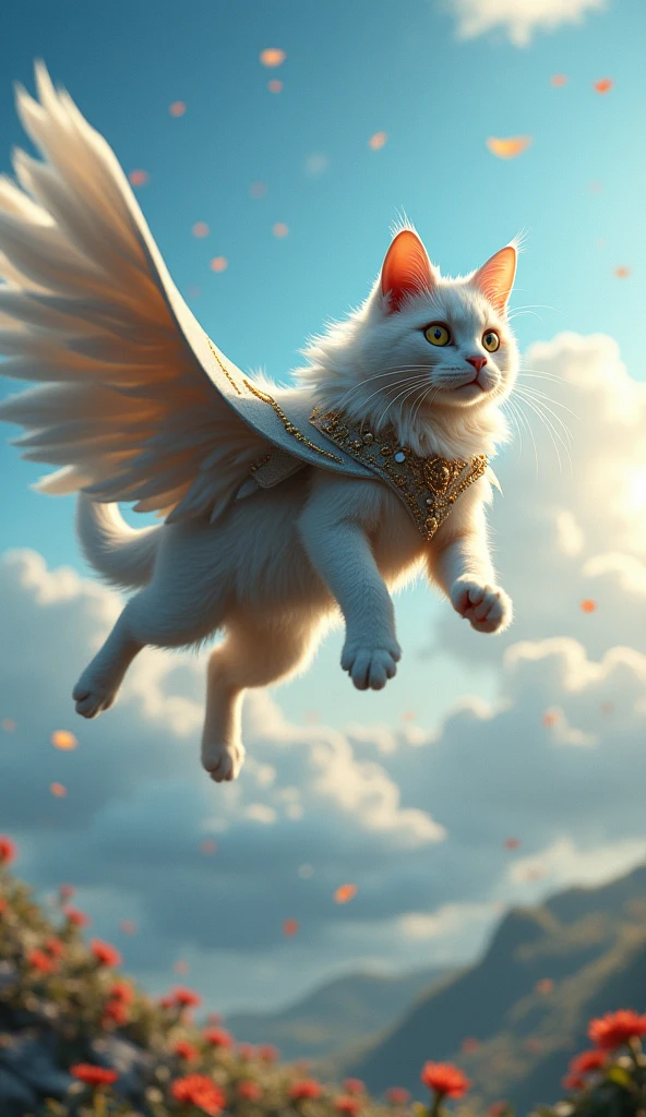 3d、Ultra HD、Side view、Digital Art、Real People、A wizard's cat flying in the sky、The cat is wearing a cape