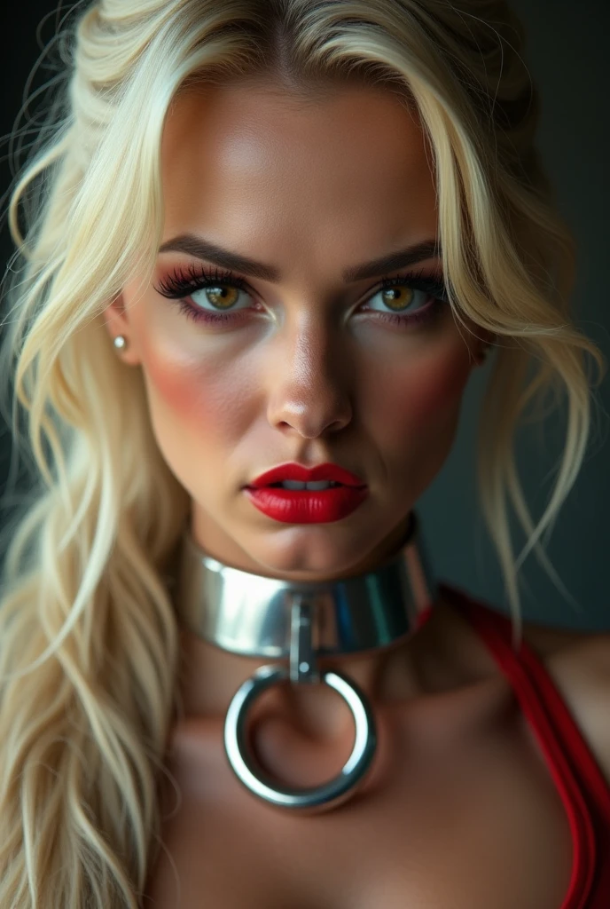 best quality, 8K, HD, beautiful blonde Caucasian woman, looking very a arrogant enraged down to the camera, heavily made-up eyes, heavily made-up cheeks, shiny red lips, super blonde hair, ponytail hairstyle, shiny silver steel collar with o-ring on the front side,