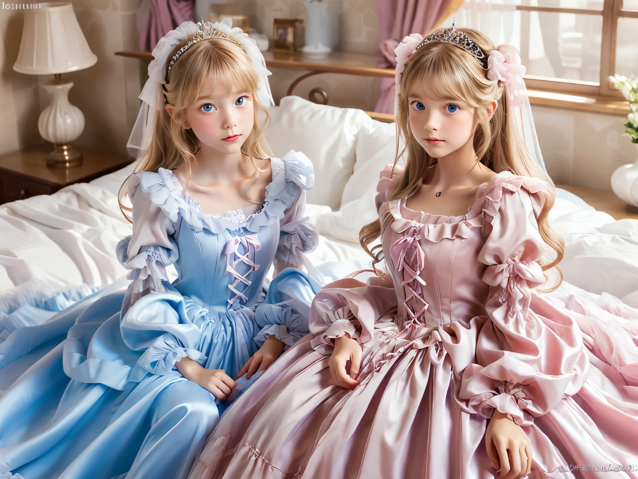 ,highest quality, masterpiece, highest resolution, artwork, 3k realistic pictures,((A short young girl))Ultra-detailed juvenile face,two are princesses,full length ball gown dress with hoop skirt,ruffled yoke collar,puff sleeves,long sleeve,((****ta style hot pink detailed princess satin dress with lots of ruffles and ribbons)),Rococo style ****ta fashion,shiny satin dress,Soft and smooth fabric,luxury,long blonde hair,blue eyes,white skin european,Pajama,((in the bedroom)),high quality princess canopy bed,