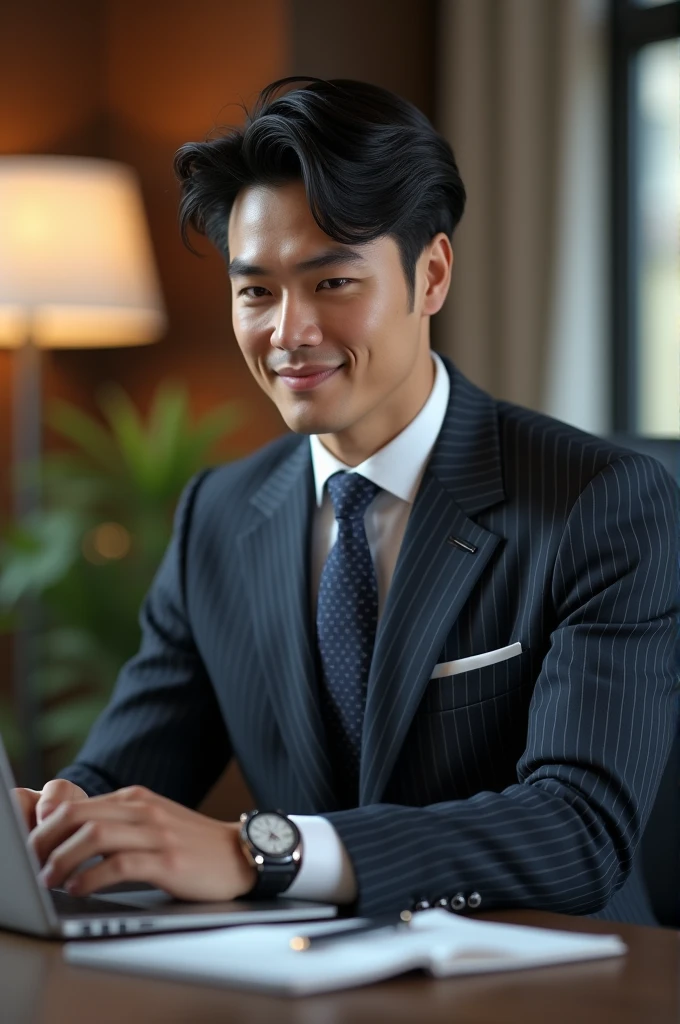 A handsome new employee,30-year-old Japanese male, Merchant attire,Wearing a very high-end Italian mani striped suit, The scene is in the office, He is sitting in front of his laptop, (CG Unity 8K HIGH-definition photo), (Photo-realistic), ((best quality)), Very detailed, (masterpiece), , very beautiful hair, Bright photos,As handsome as an idol and as handsome as a model, Wearing an Omega luxury watch,