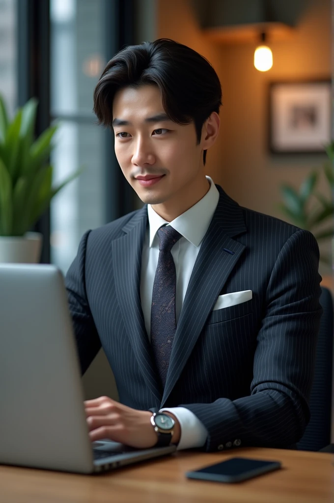 A handsome new employee，30-year-old Japanese male, Merchant attire,Wearing a very high-end Italian mani striped suit, The scene is in the office, He is sitting in front of his laptop, (CG Unity 8K HIGH-definition photo), (Photo-realistic), ((best quality)), Very detailed, (masterpiece), , very beautiful hair, Bright photos,As handsome as an idol and as handsome as a model, Wearing an Omega luxury watch,