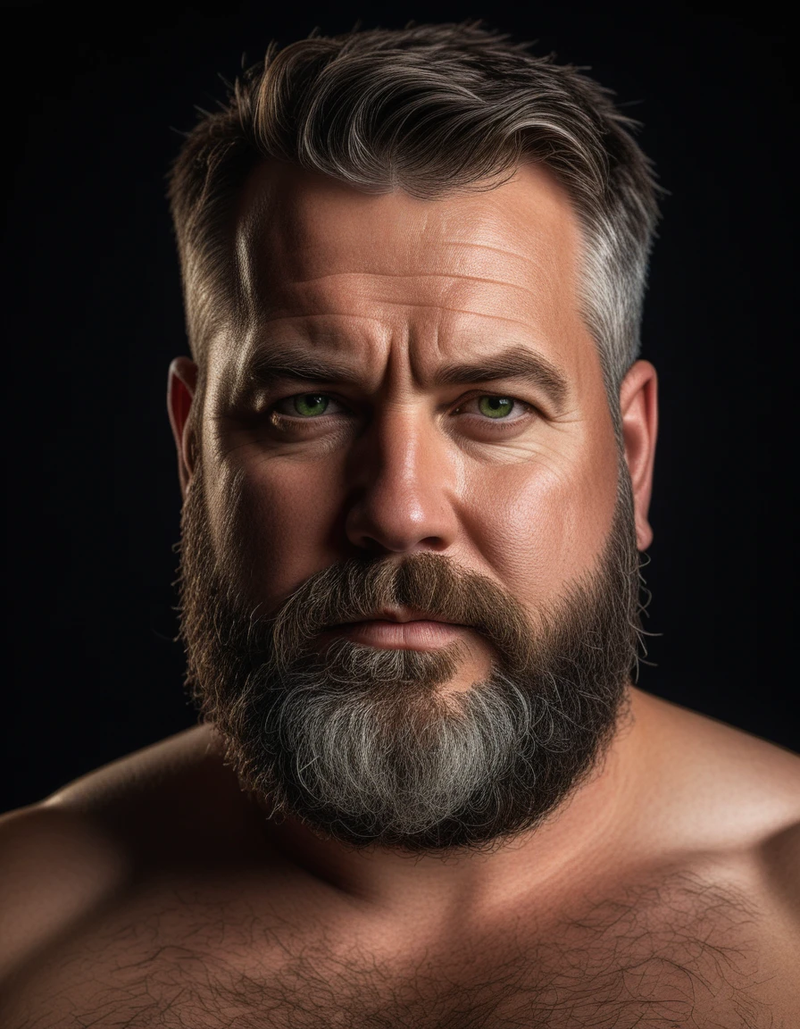 "Capture an 8K, hyperrealistic portrait of a man around 50 years old. He has very short military-style fade haircut, with a rugged beard that gives off a lumberjack vibe. His piercing green eyes gaze directly at the viewer. The very realistic scene shows the man from the chest up, revealing his very realistic heavily hairy chest and the top of his stomach, showcasing a chubby physique. He is shirtless against a deep black background, with a clear, bright studio lighting effect illuminating evenly across his face and body. The image should focus on the intricate details of his facial features, beard texture, and chest hair, rendered in the hiperrealista style. Drawing inspiration from Greg Rutkowski's photography, maintain a high level of realism while highlighting the man's rugged and natural appearance."