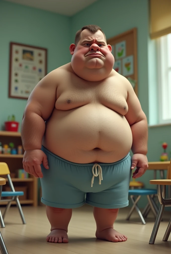 Thick Japan middle-aged man in his 50s, 1man, dwarfism, Standing look down with shrugs, holding back his pee, waddle, crew cut, Wearing a light blue shorts , Bare legs, shy, tearful, sob, Bowleg, nursery school, a picture, high detail photo, Masterpiece