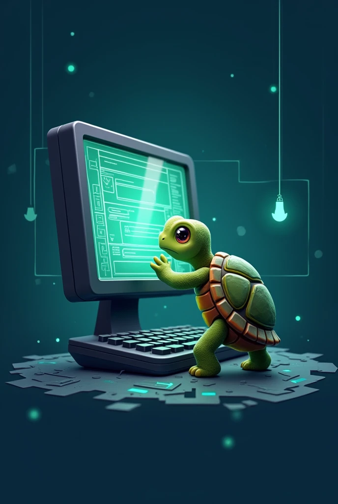 Generate a logo without a background where inside it there is an animated turtle looking for contamination on a computer