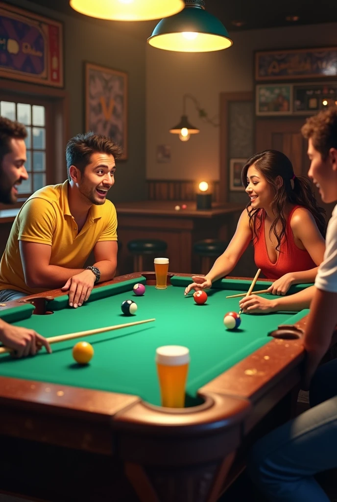 3 brazillian friends playing sinuca with cups full of beer at the corners of the table