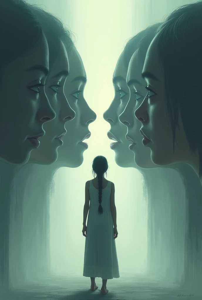 Design a scene where a character encounters multiple versions of themselves in the same moment, each reflecting different stages of their past and present, to visualize the sensation of repeating moments."