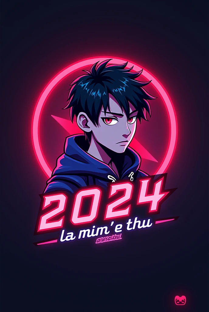 This is a gaming logo that features the name " La Min Thu-2024 " in a futuristic font and a neon Purple Red color. and Korea Boy Anime Avtar, The logo also has a stylized controller icon and a Honor Of Kings play button in the background. The logo is designed to be attractive and eye-catching, and to appeal to gaming enthusiasts and Honor Of Kings viewers. I hope you like it.